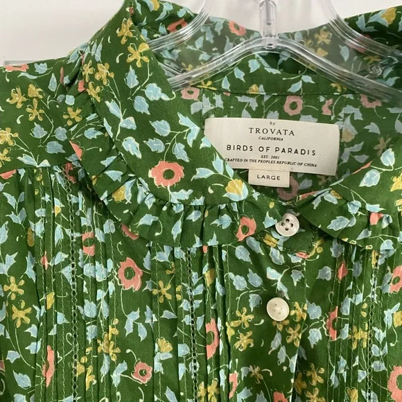 Trovata Gemma Green Floral Ruffle Collar Pleated Smock Sleeve Cotton Blouse - Picture 2 of 6